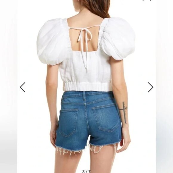 Frame NWT white ruched puff sleeve Ramie cotton square neck cropped top sz S - Picture 3 of 12